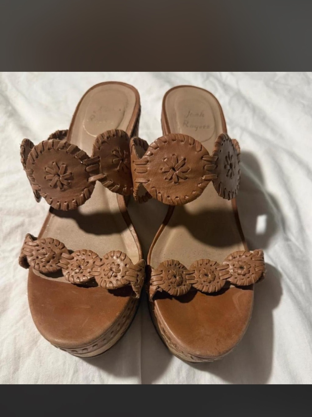 Jack Rogers Brown Leather Wedge Sandals with Whipstitch Medallions